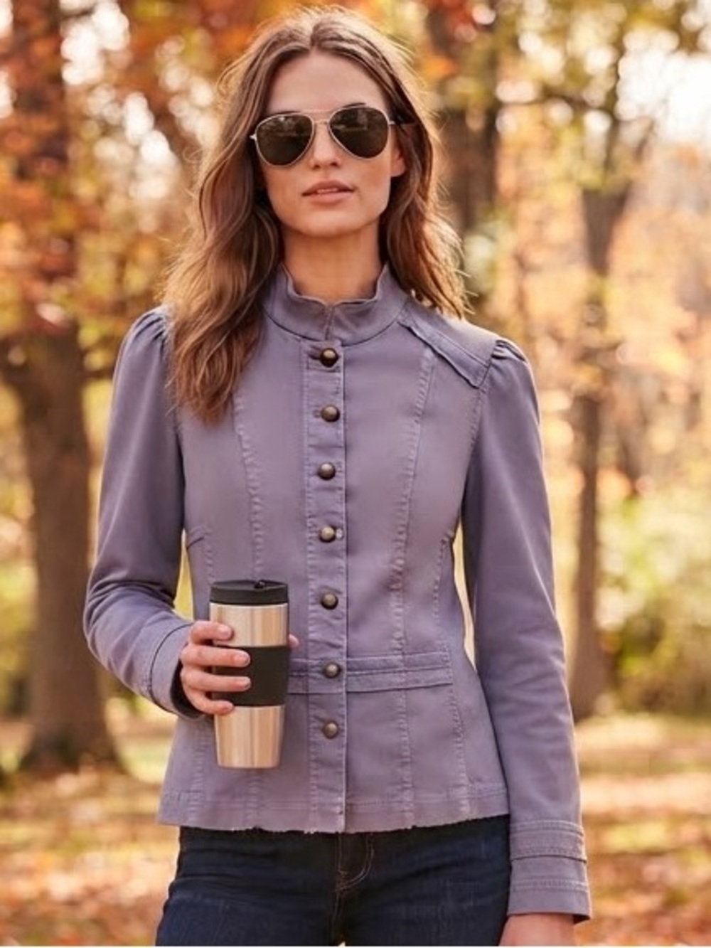 White House Black Market Blue Button Front Military Jacket Blazer